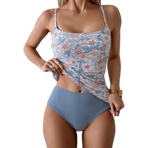 Eomenie Womens SMALL Swim Tankini Blue Orange Floral Full Coverage High Waisted
